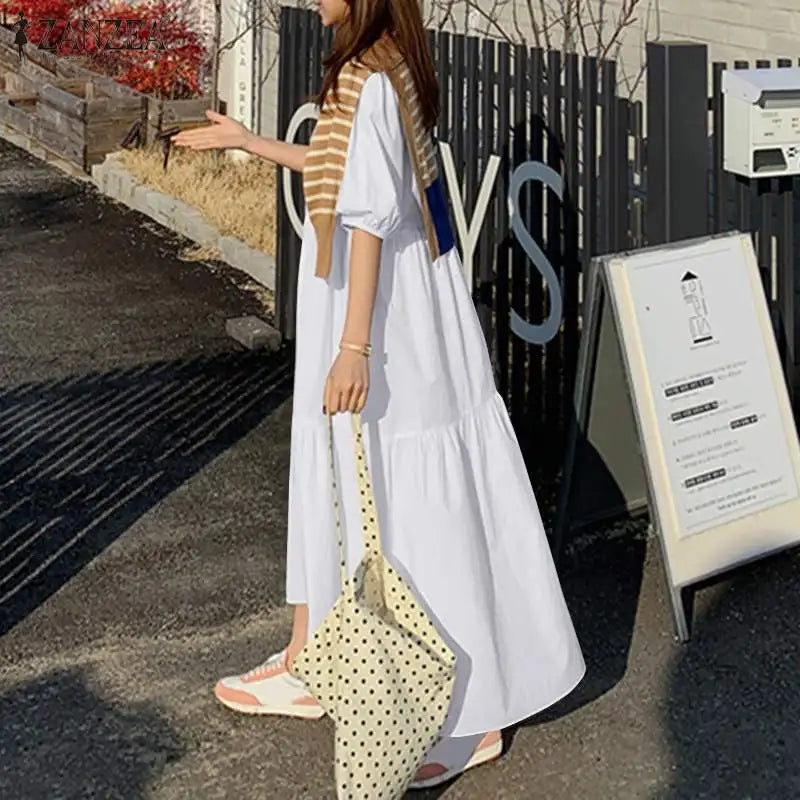 Vicky Sommerkleid | Stilvolles Maxikleid mit kurzem Ärmel und Rundhalsausschnitt