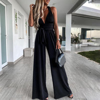 Heidi-Mode | Eleganter Tiefer V-Ausschnitt Weitbein Jumpsuit – Schwarz