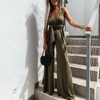 Heidi-Mode | Eleganter Tiefer V-Ausschnitt Weitbein Jumpsuit – Grün