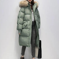 Lange Puffer Winterjacke mit Fell – Grün