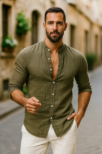 Jarle | Herren Leinen Langarmhemd – Oliv