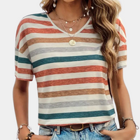 Gestreiftes Damen V-Ausschnitt T-Shirt | Atmungsaktiv & Casual – Orange