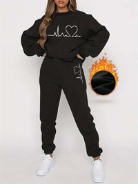 Bequemer Damen Jogginganzug für Herbst und Winter mit Herzschlag-Motiv – Schwarz