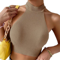 Damen Geripptes Neckholder Top mit Stehkragen - Elegant & Figurbetonend – Hellbraun