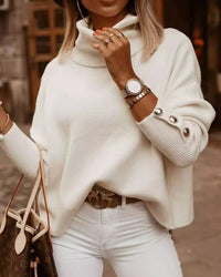 Damen Rollkragenpullover mit Knopf Ärmel | Lässig – Weiß
