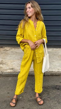 Yara - Leinen-Kombi-Set aus Hemd und Hose – Senfgelb