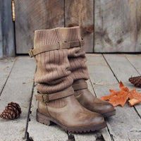 Poirila | Warme Wolle strickende Lederstiefel für Frauen – Khaki