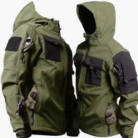 Herren Softshelljacke mit Kapuze und mehreren Reißverschlusstaschen – Oliv
