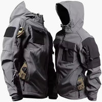 Herren Softshelljacke mit Kapuze und mehreren Reißverschlusstaschen – Dunkelgrau