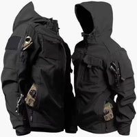 Herren Softshelljacke mit Kapuze und mehreren Reißverschlusstaschen – Schwarz