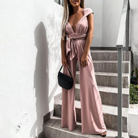 Heidi-Mode | Eleganter Tiefer V-Ausschnitt Weitbein Jumpsuit – Rosa
