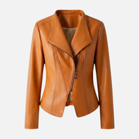 Yvette | Damen Hochglänzende Taillierte Kunstlederjacke Breites Revers – PU Leder Jacke – Orange