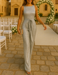 Jumpsuit für Damen - Festliche Glitzer Jumpsuit für Sommerhochzeiten – Silber