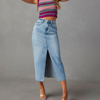 Heidi-Mode | Hohe Taille A-linie Schlitz Gewaschen Blaue Lange Jeansrock – Helles Blau