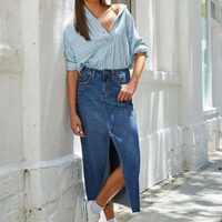 Heidi-Mode | Hohe Taille A-linie Schlitz Gewaschen Blaue Lange Jeansrock – Blau