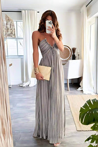 Sommerkleid für Damen - Elegantes Plissee-Maxikleid mit Spaghettiträgern – Grau