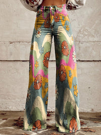 Bequeme Damen Palazzo-Hose mit floralem Muster – Wellen & Blumen