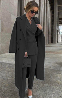 Ofelya - Elegantes Zweireiher Anzugset Mit langem Mantel – Schwarz