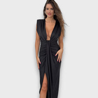 Oriane – Drapiertes Abendkleid mit tiefem Ausschnitt – Schwarz