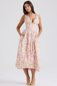 Damen Lässig Vintage Blumen Hochzeitsgast Kleid | Midi – Rosa
