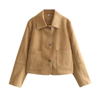 Damen Kurzer Knopf Daunen Jacke | Langarm – Khaki
