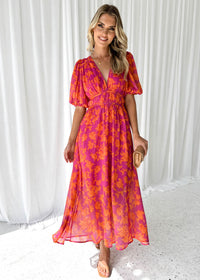 Sommerkleid für Damen - Geblümtes Midikleid mit V-Ausschnitt und Puffärmeln – Rosa - Orange