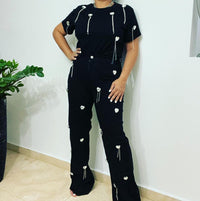 Julia - Schwarzer Jumpsuit mit silbernen Herzen – Schwartz