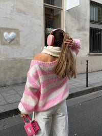 Alina | Lässiger gestreifter Damen-Strickpullover – Rosa