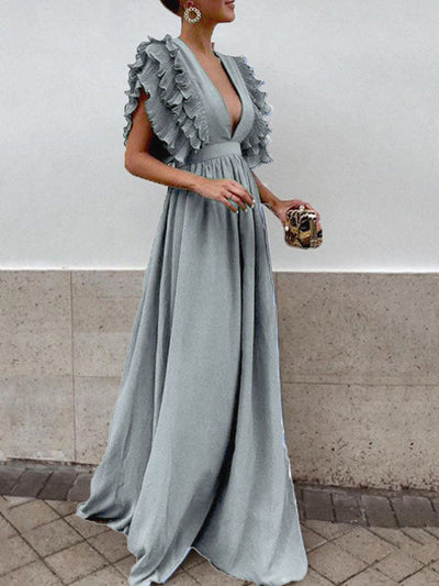 langes Maxikleid mit Rüschen und elegantem, fließendem, tiefem Ausschnitt