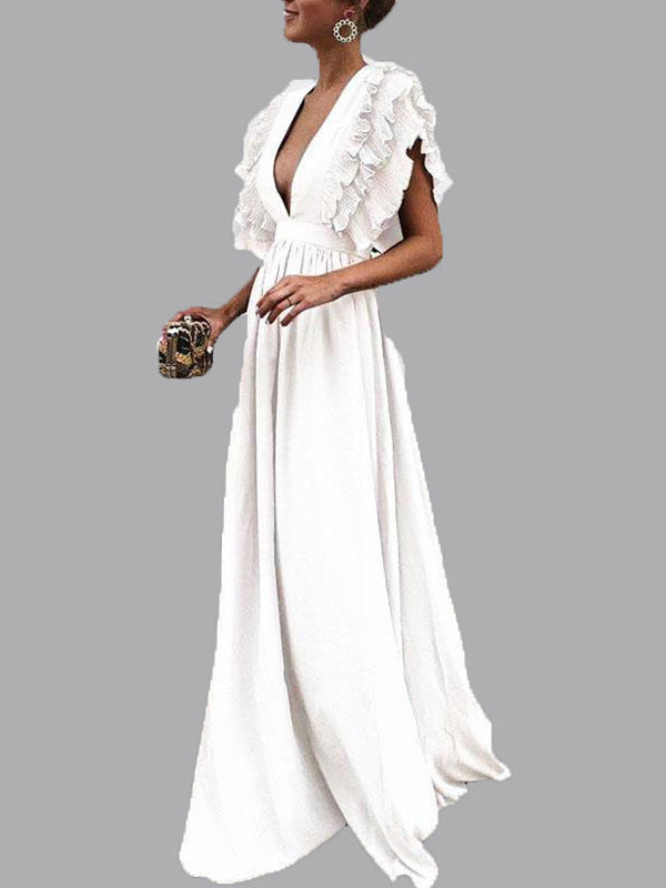 langes Maxikleid mit Rüschen und elegantem, fließendem, tiefem Ausschnitt