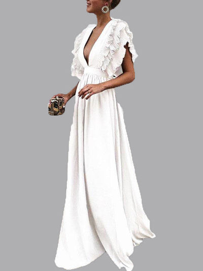 langes Maxikleid mit Rüschen und elegantem, fließendem, tiefem Ausschnitt