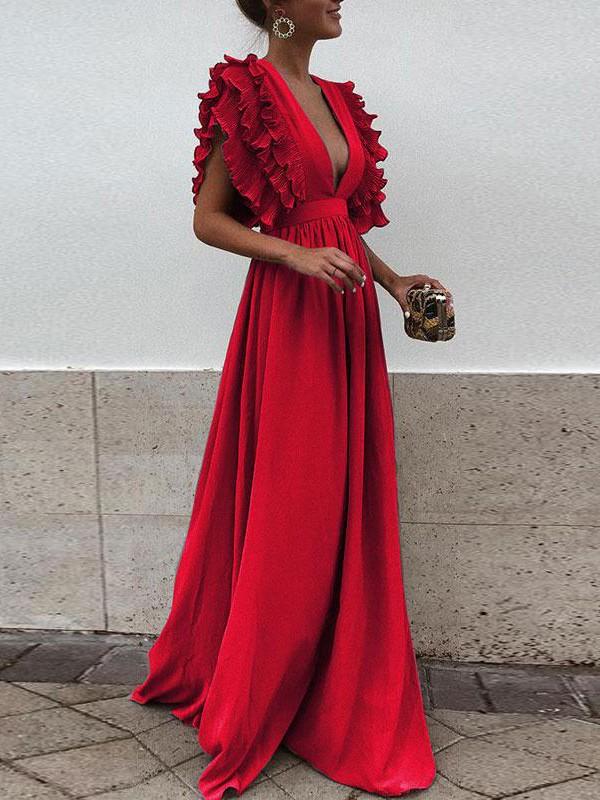 langes Maxikleid mit Rüschen und elegantem, fließendem, tiefem Ausschnitt