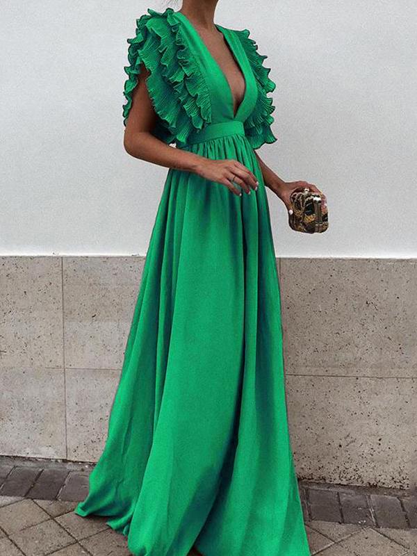 langes Maxikleid mit Rüschen und elegantem, fließendem, tiefem Ausschnitt