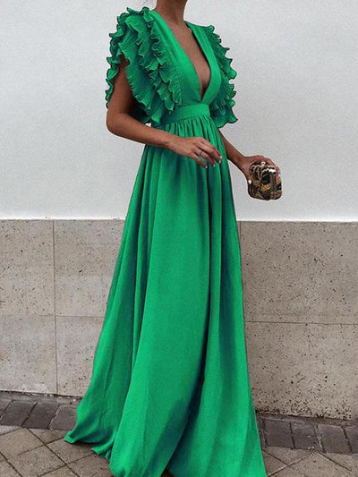 langes Maxikleid mit Rüschen und elegantem, fließendem, tiefem Ausschnitt