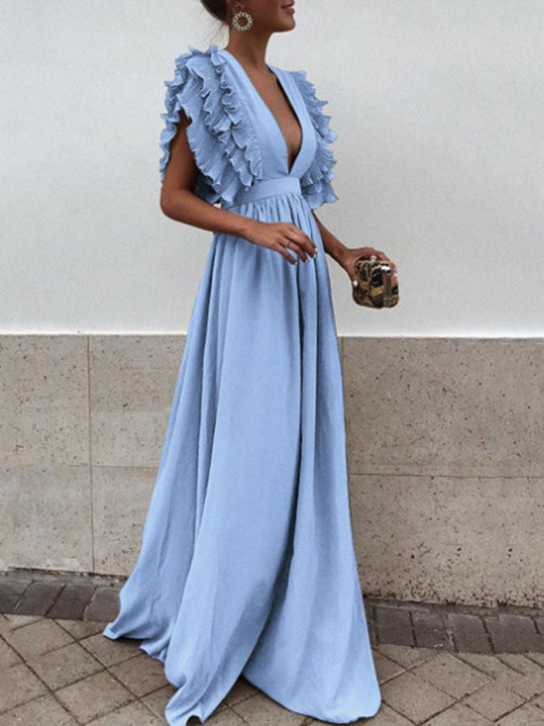 langes Maxikleid mit Rüschen und elegantem, fließendem, tiefem Ausschnitt