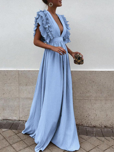 langes Maxikleid mit Rüschen und elegantem, fließendem, tiefem Ausschnitt