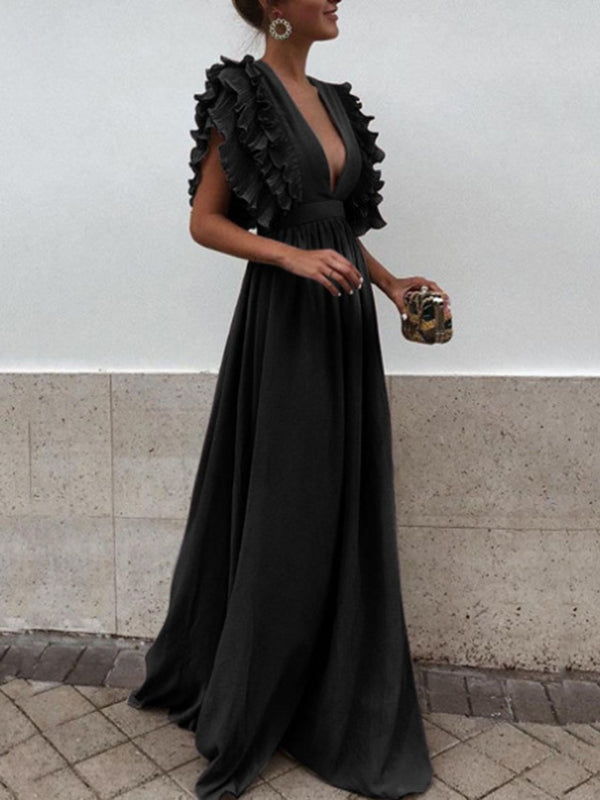 langes Maxikleid mit Rüschen und elegantem, fließendem, tiefem Ausschnitt