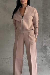Damen Reißverschluss Zweiteiler - Jacke & Hose - Sportlich Elegant – Braun
