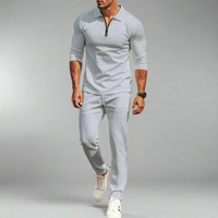 Lässiges Streetwear-Set für Herren – einfarbiges Langarm-Oberteil mit halbem Reißverschluss und passende Hose, leicht und atmungsaktiv – Hellgrau