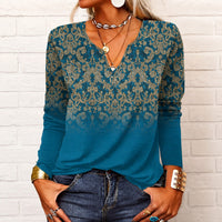 Katharina - Langarm-Boho-Bluse mit V-Ausschnitt – Blau