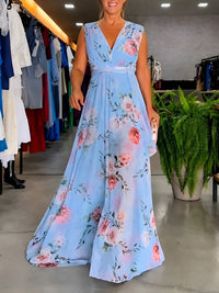 Hana - Lockeres Ärmelloses Blumenkleid – Blau