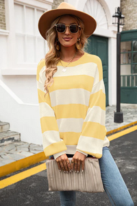 Damen Oversize-Strickpullover | Gestreift | Mehrfarbig – Gelb