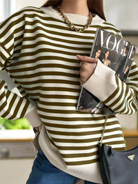 Damen Strickpullover Gestreift Oversize | Warmer Winterpullover mit Rundhals- und V-Ausschnitt – Braun