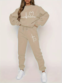 Bequemer Damen Jogginganzug für Herbst und Winter mit Rundhals-Pullover – Khaki