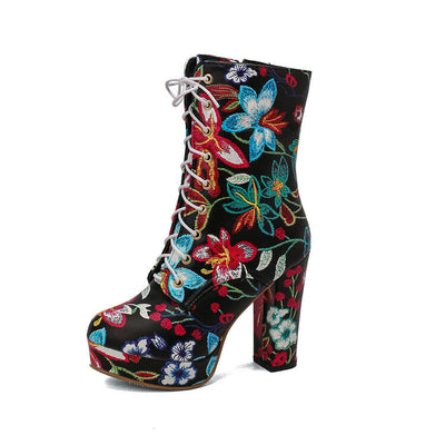 Blumige Damen Plateau Stiefel
