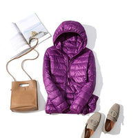 Jacke Damen Glänzend Kurz Winterjacke Modisch Warm für Urbane Outfits – Lila Kapuze