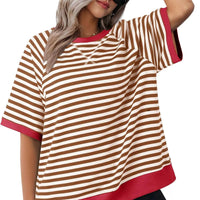 Julia | Lässiges gestreiftes Kurzarm Top – Braun + Rot