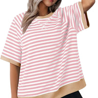 Julia | Lässiges gestreiftes Kurzarm Top – Rosa + Braun