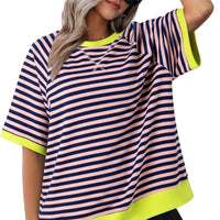Julia | Lässiges gestreiftes Kurzarm Top – Rosa + Gelb