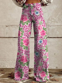 Heidi-Mode | Bequeme Damen Palazzo Hose mit Floralem Muster – Rosa Blume